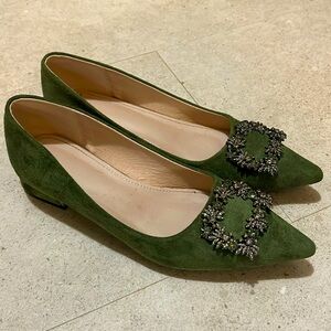 Green embellished suede flats with heel